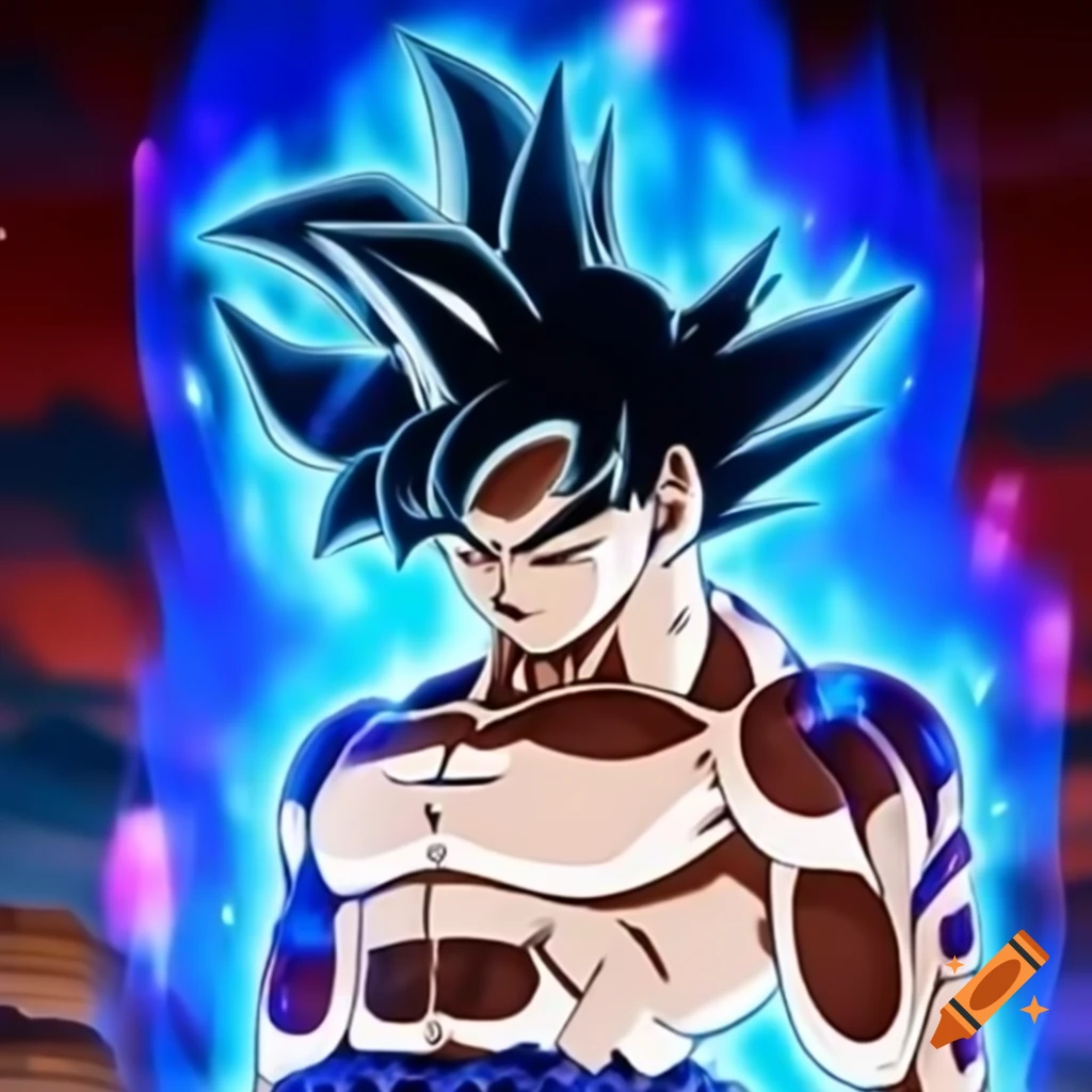 Goku transforming into ultra instinct with glowing blue aura