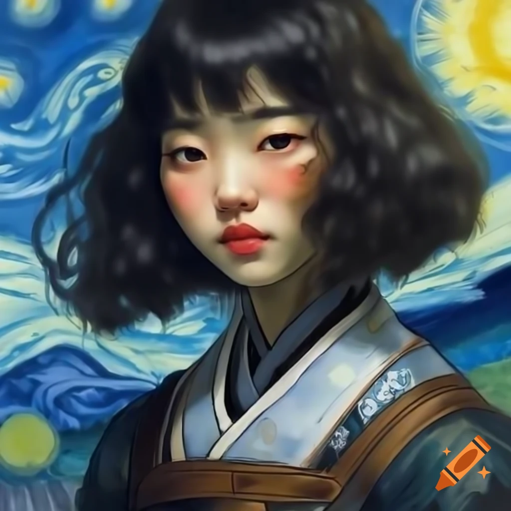 Stunning portrait of Korean woman in futuristic dress, animated and watercolor style