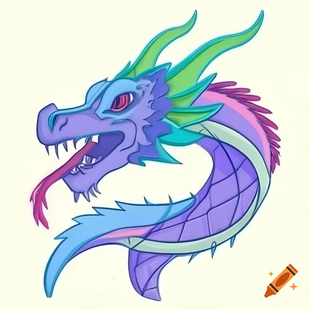 Colorful water dragon in shades of blue, purple, and green