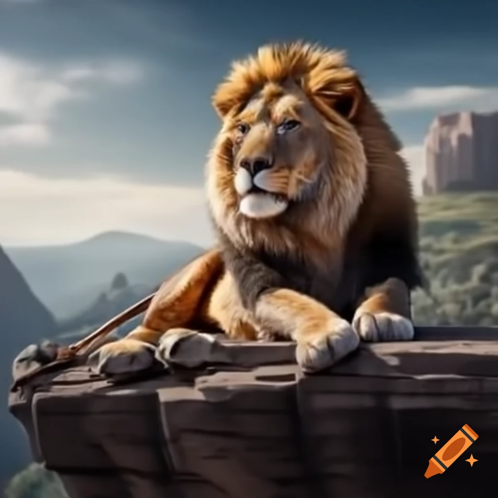 Lion standing on rock cliff edge