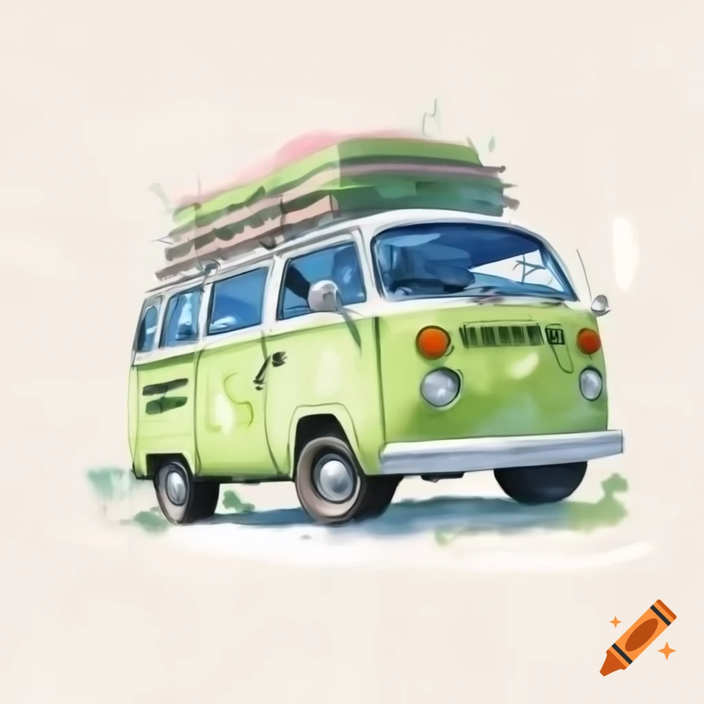 Cartoon-style van on white background, watercolor art