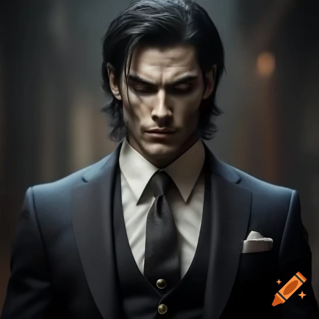 Sinister businessman in dark suit with short hair and neat stubble, photorealistic style