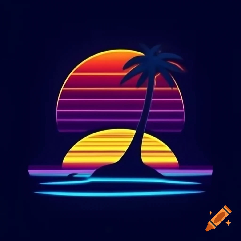 80's neon beach scene with sunset and silhouetted palm tree on island