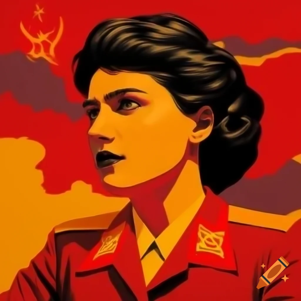 Soviet-style propaganda poster featuring a woman pilot in bold red and orange colors