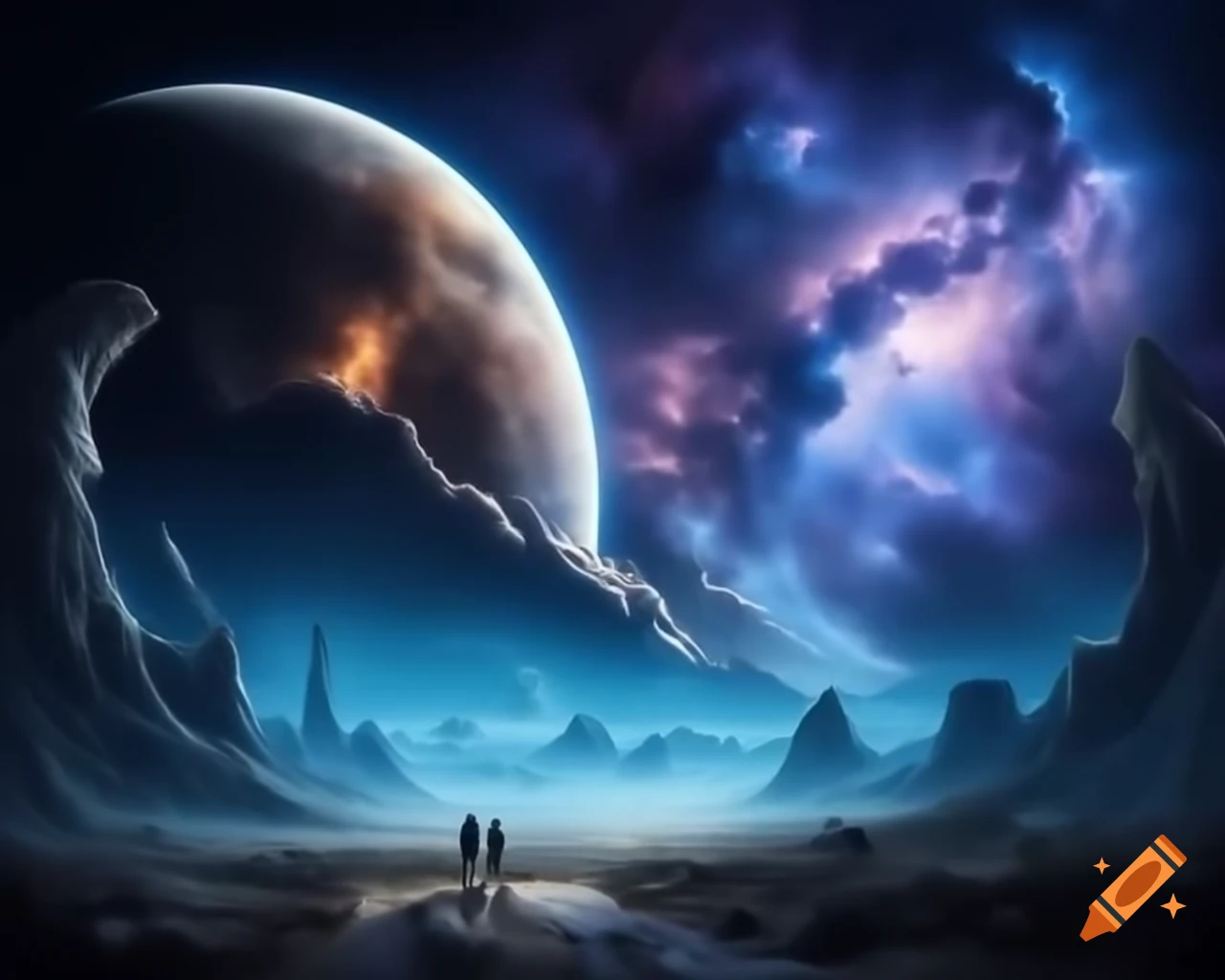 Surreal landscape with melted structures and spectral beings under a cosmic midnight sky