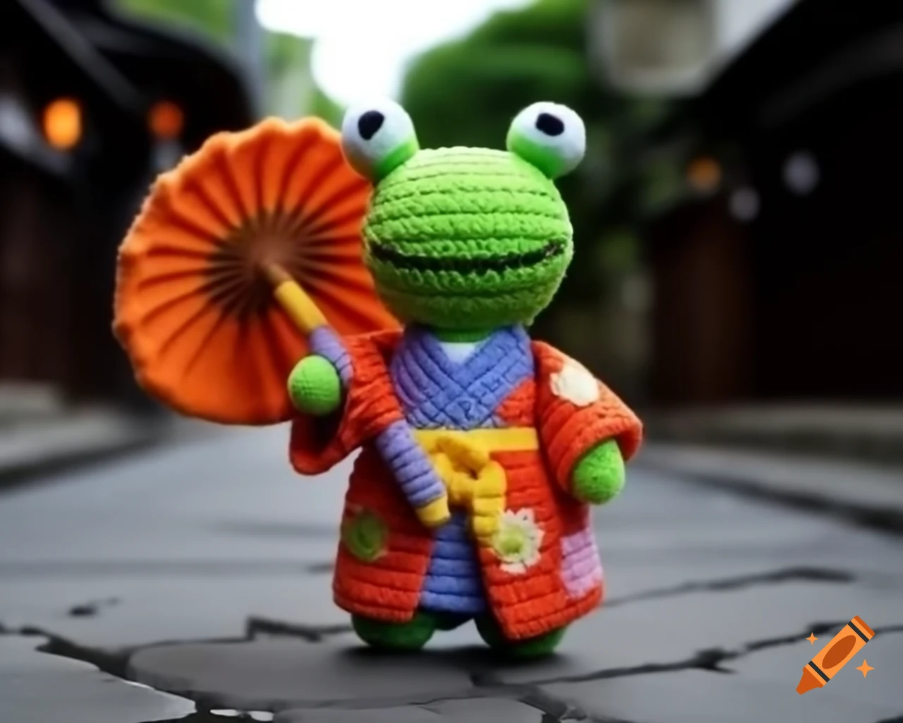 cheerful-crochet-amigurumi-frog-in-kimono-holding-umbrella-on-japanese