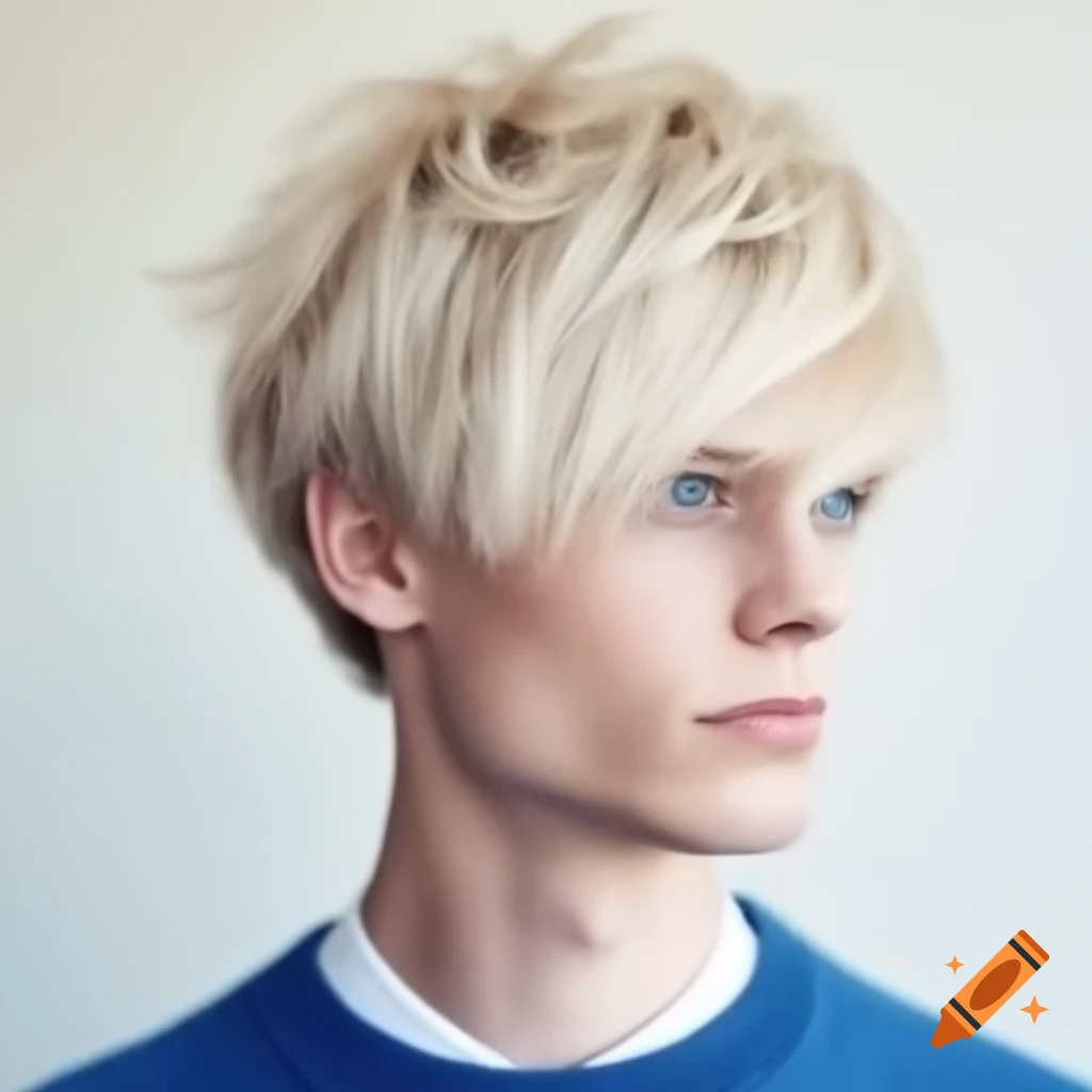 Man with light blond undercut hairstyle, blue eyes, and blue jumper