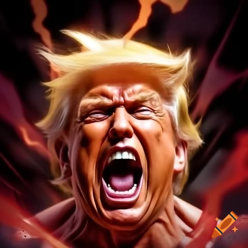 Donald Trump transformed into a super saiyan with roaring aura and energy