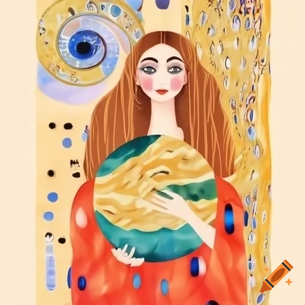 Woman in red dress holding Jupiter against galaxy background in Klimt and Mucha style