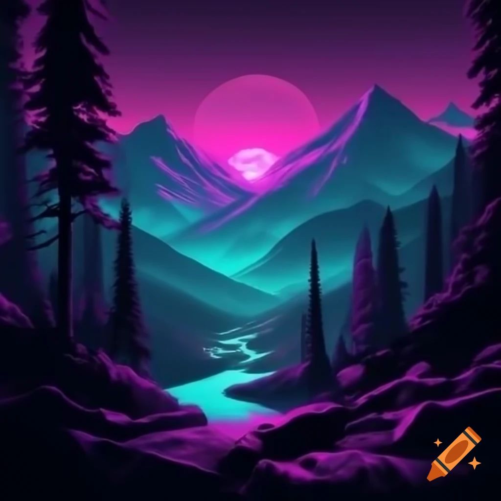 Neon cyberpunk forest mountain landscape