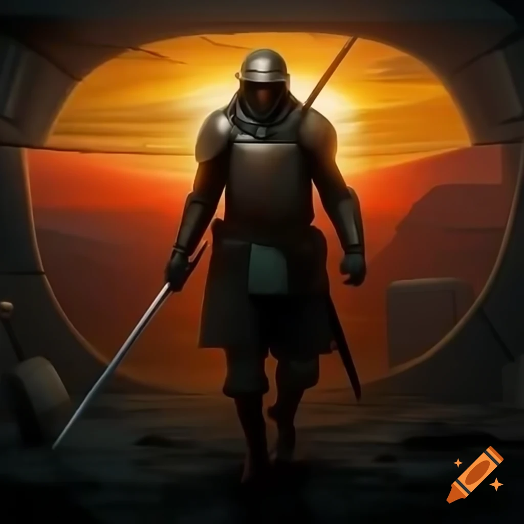 Sunset Warrior Ronin emerging from bunker in protective gear carrying helmet and sword