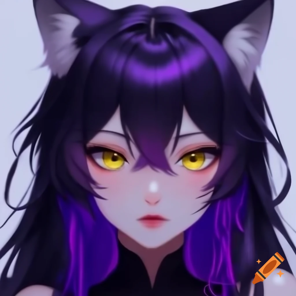 Anime wolf girl with dark purple hair and yellow eyes