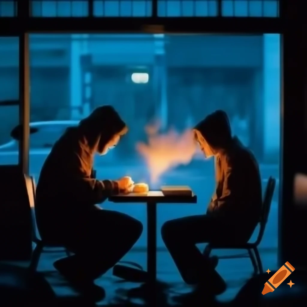 Silhouette illuminated by laptop glow in dim cafe with rain and cigarette smoke