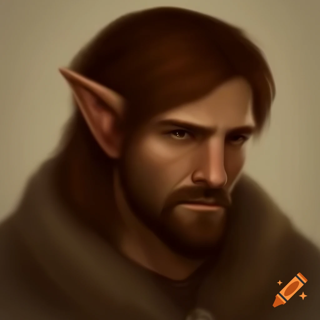 Male gnomish ranger with brown hair and stubble in a forest setting