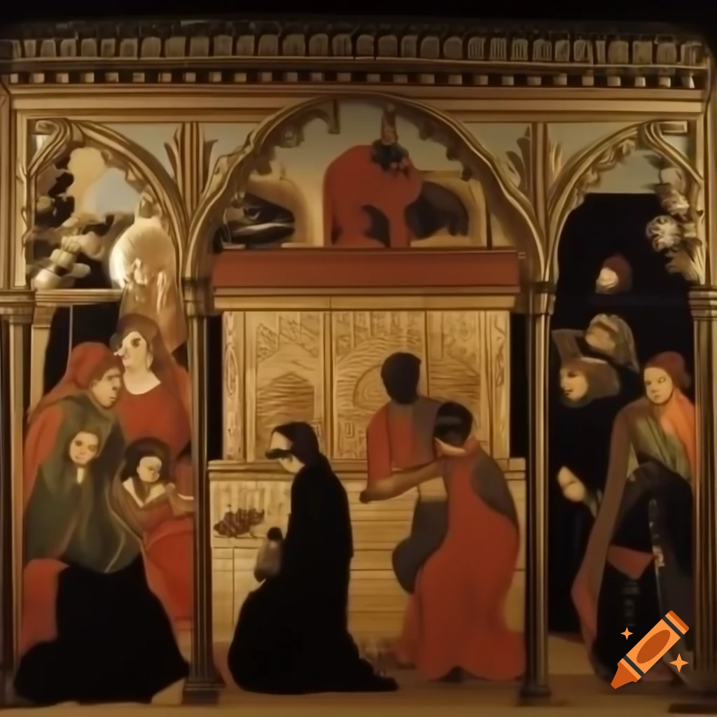 Renaissance mural depicting Middle Ages stories: knighthood, crusades, monastery, great schism, Black Death, Spanish Inquisition