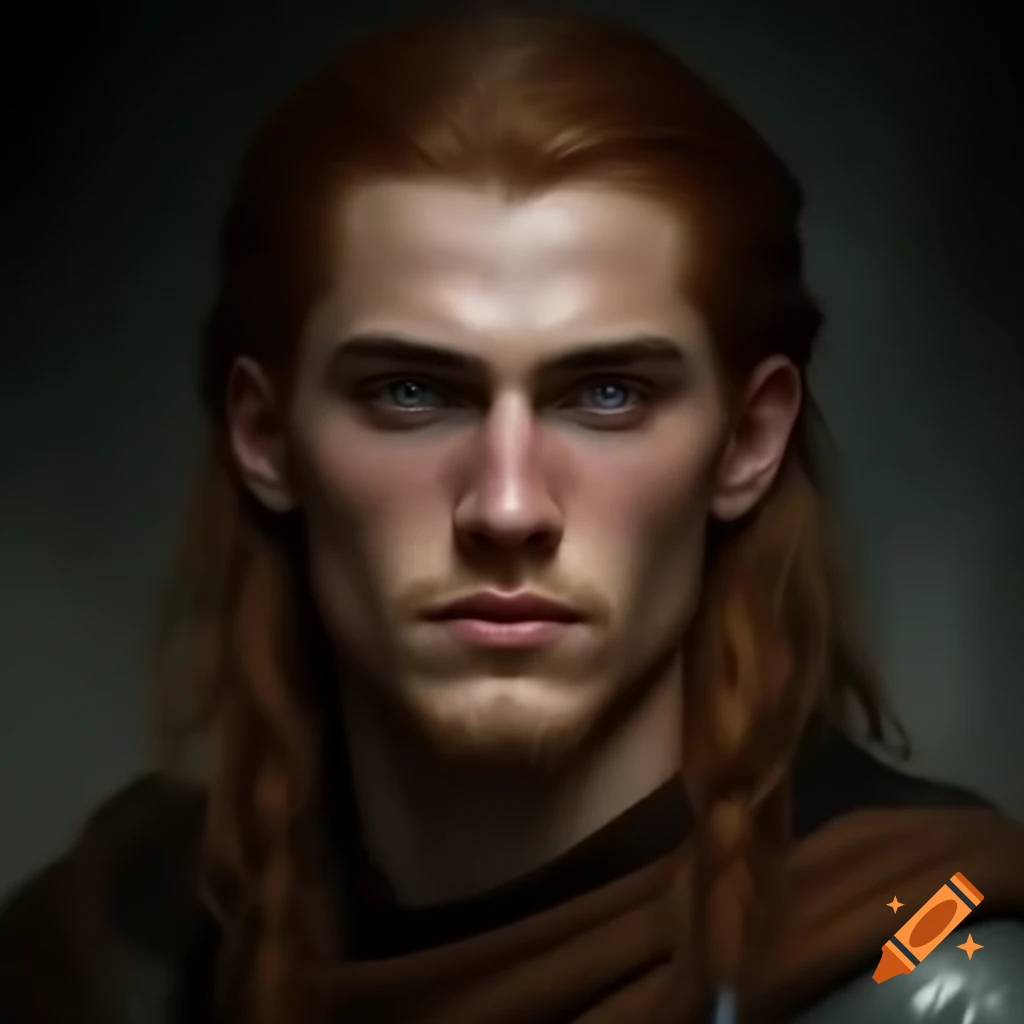 Handsome young medieval man with long brown hair in dark, intimidating atmosphere