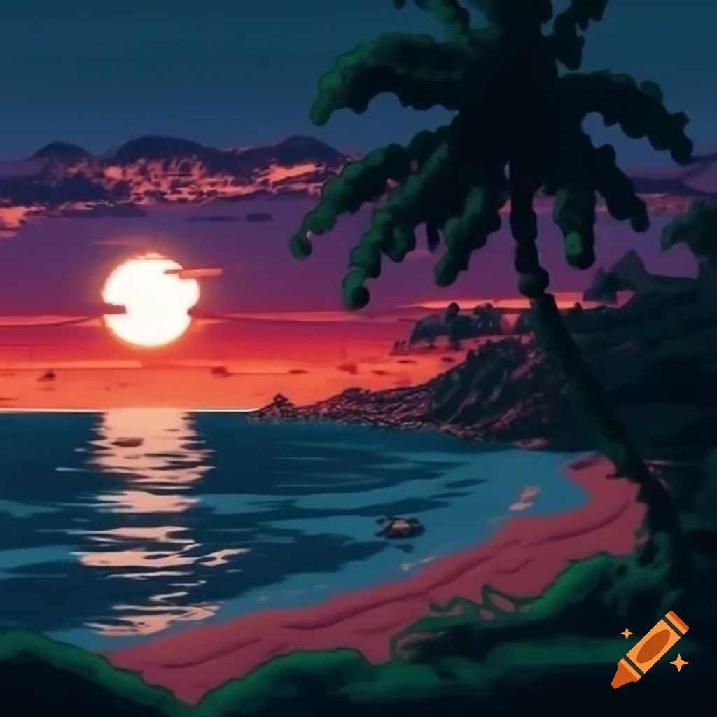 Pixelated sunset beach scene with moon, inspired by 90s video games