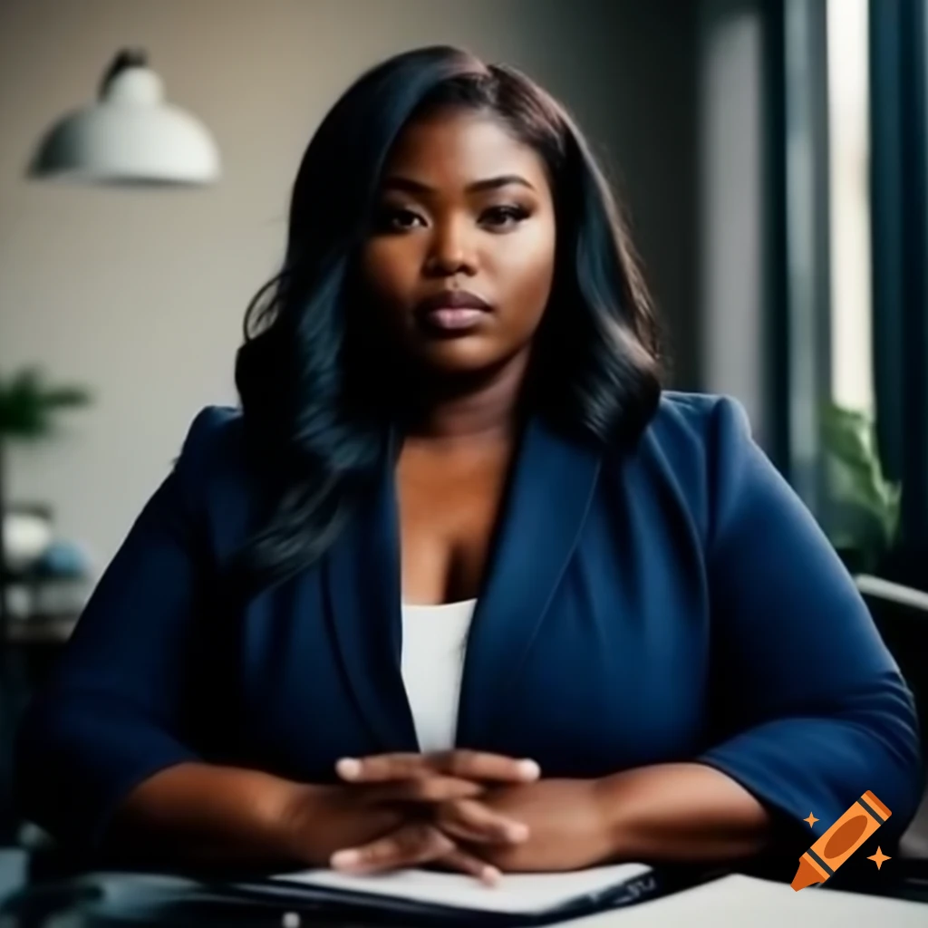 African American woman in navy business suit at desk with straight shoulder-length hair