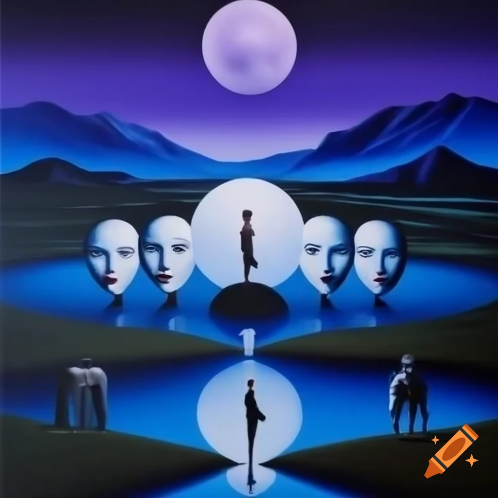 Surrealist painting of figures with moon phase heads in winding river, purple mountains, giant female silhouette