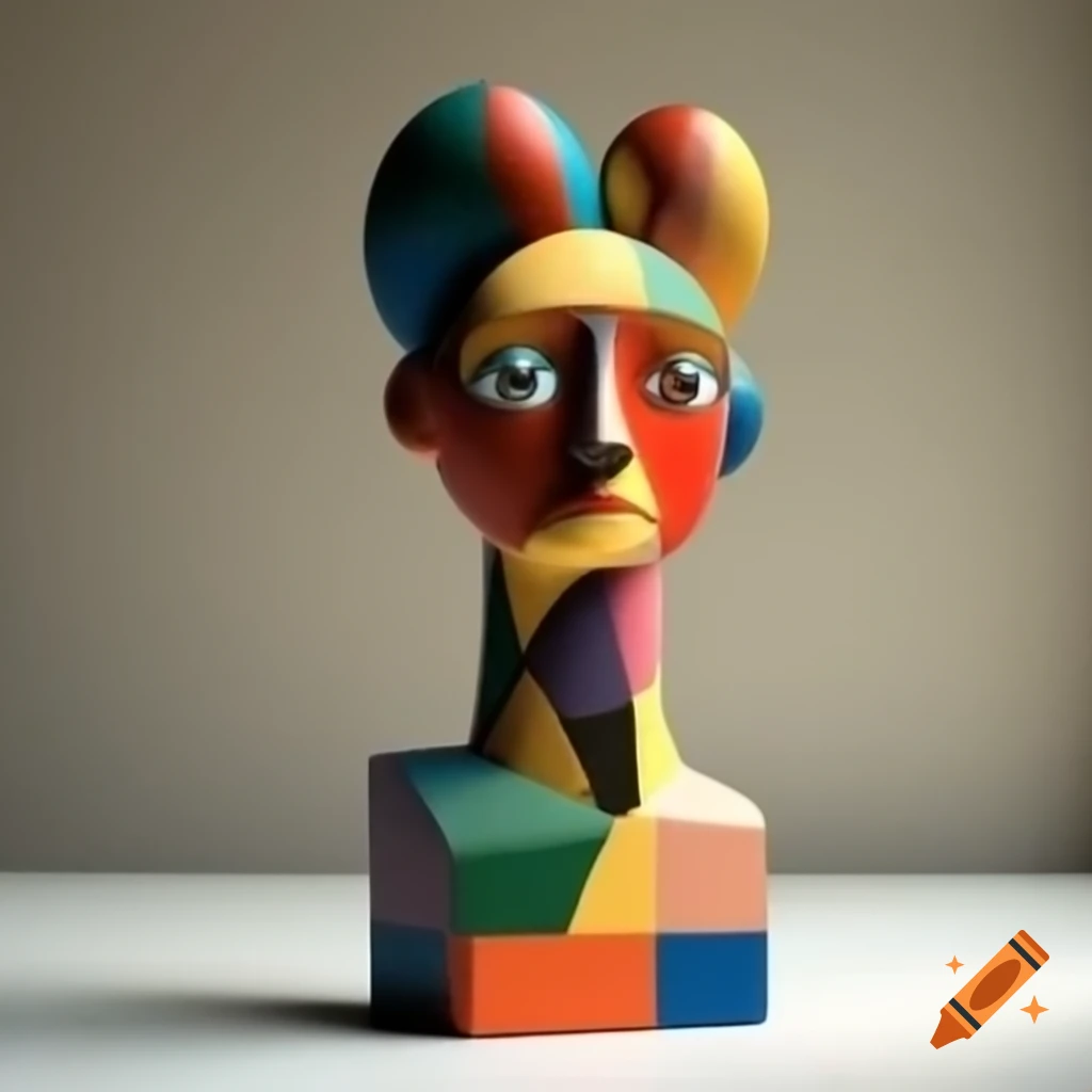 Tall cubist female figure bust in abstract style