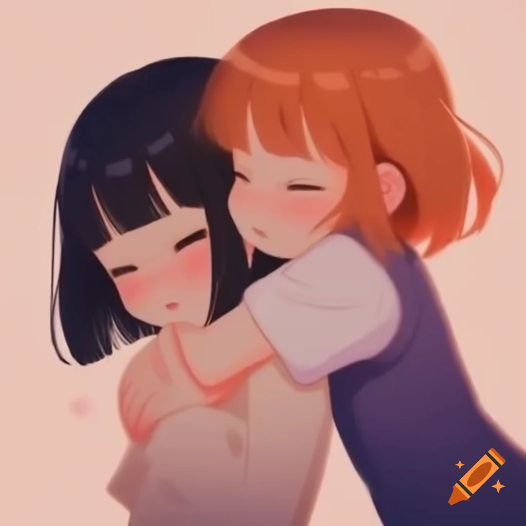 Anime girls embracing in a warm and friendly scene