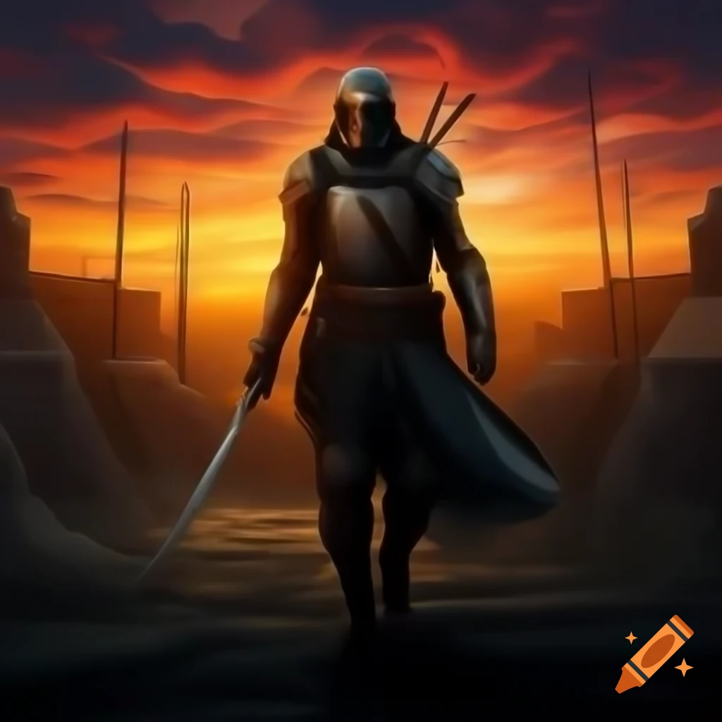 Sunset Warrior Ronin emerging from bunker in protective gear carrying helmet and sword