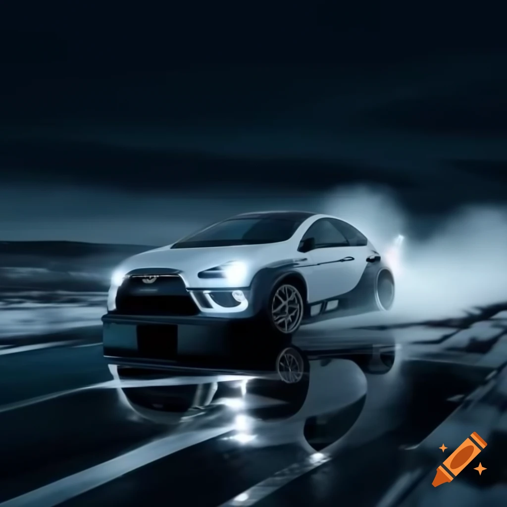 Futuristic white Mitsubishi Eclipse 2012 drifting in frozen wasteland at night
