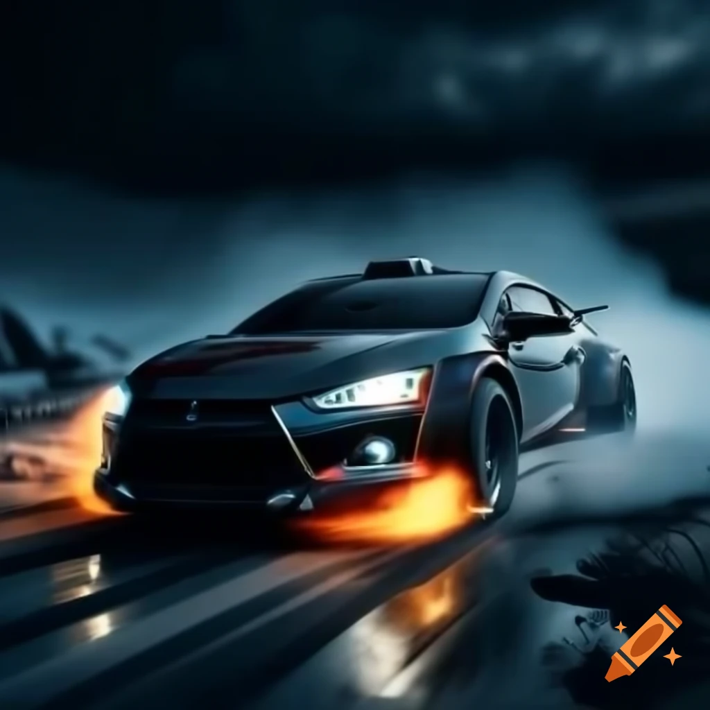 Futuristic Mitsubishi Eclipse 2012 sports car drifting in frozen wasteland at night