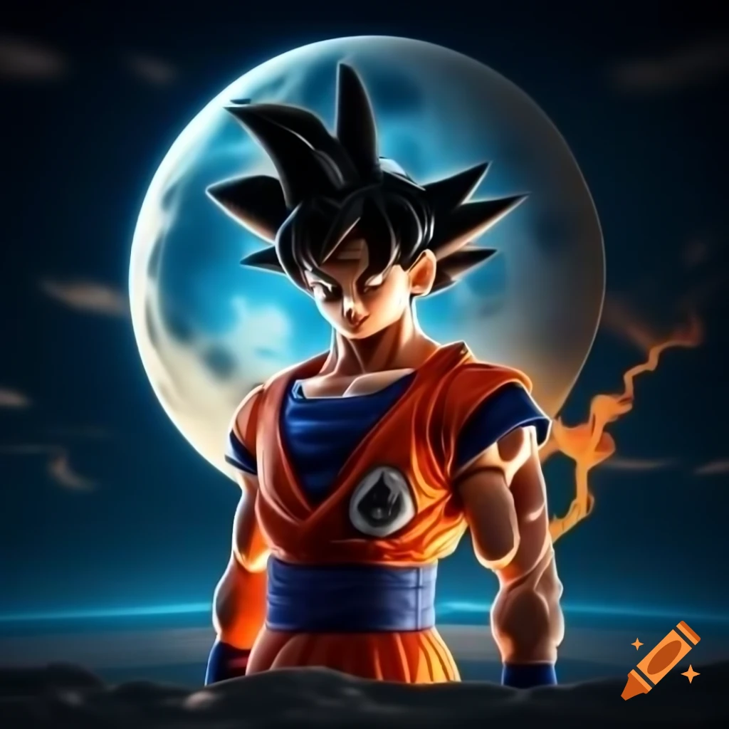 Goku using energy beam to explode the moon while looking up from Earth, 3D art