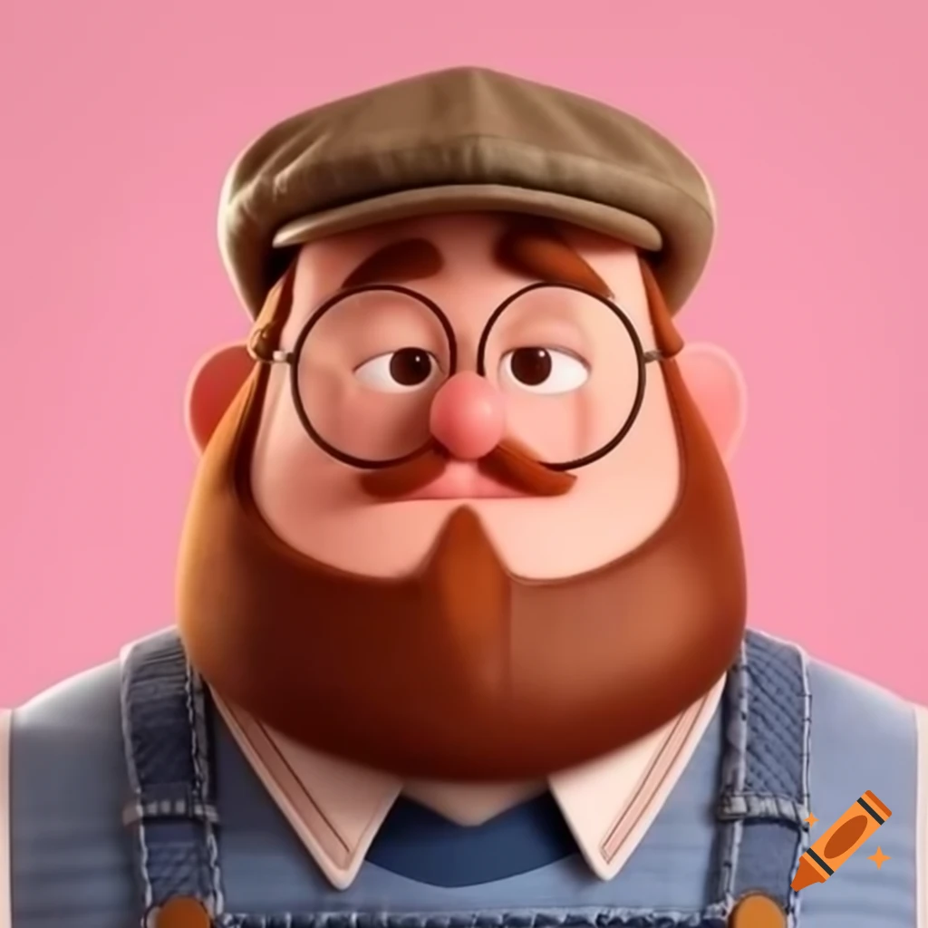 Man with brown beard and tweed flat cap in Pixar style against light pink background