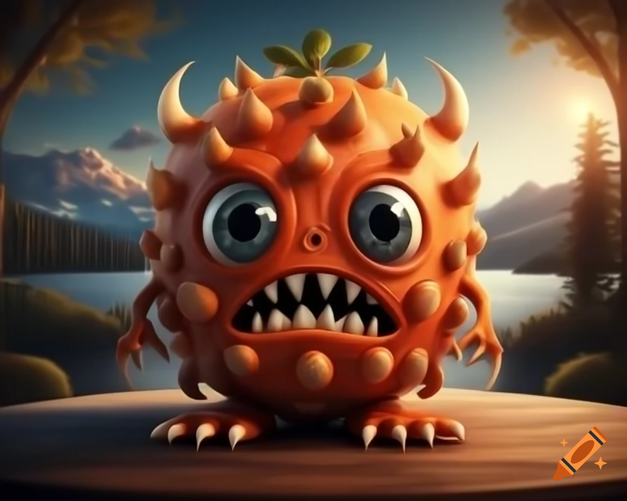 3D orange tree monster with human face on wooden table in forest