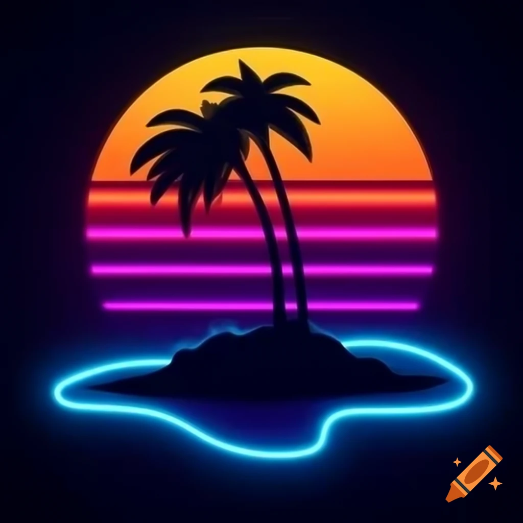 80's neon beach scene with sunset and silhouetted palm tree on island