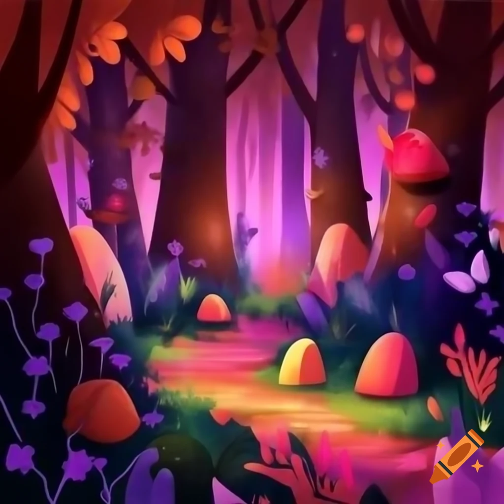 Magical forest with colorful trees and giant flowers, filled with woodland creatures