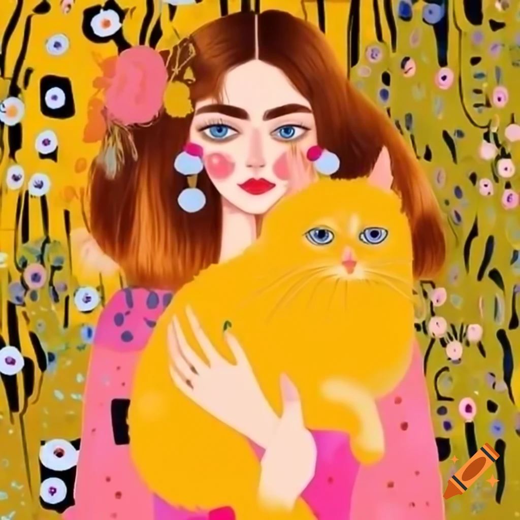 Woman in pink dress holding yellow fluffy cat with flower background, Klimt style
