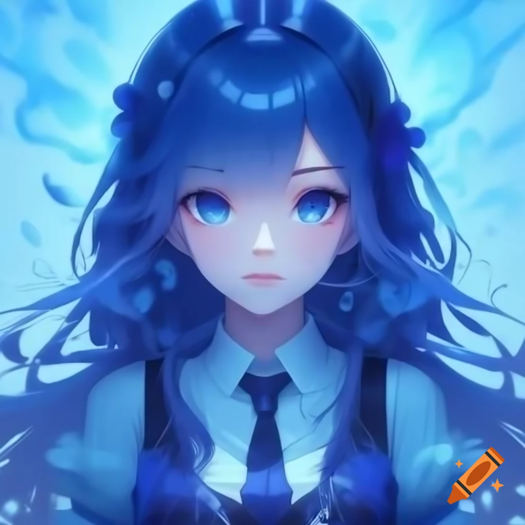 2D anime wallpaper with blue hair, wide view at 70-degree perspective