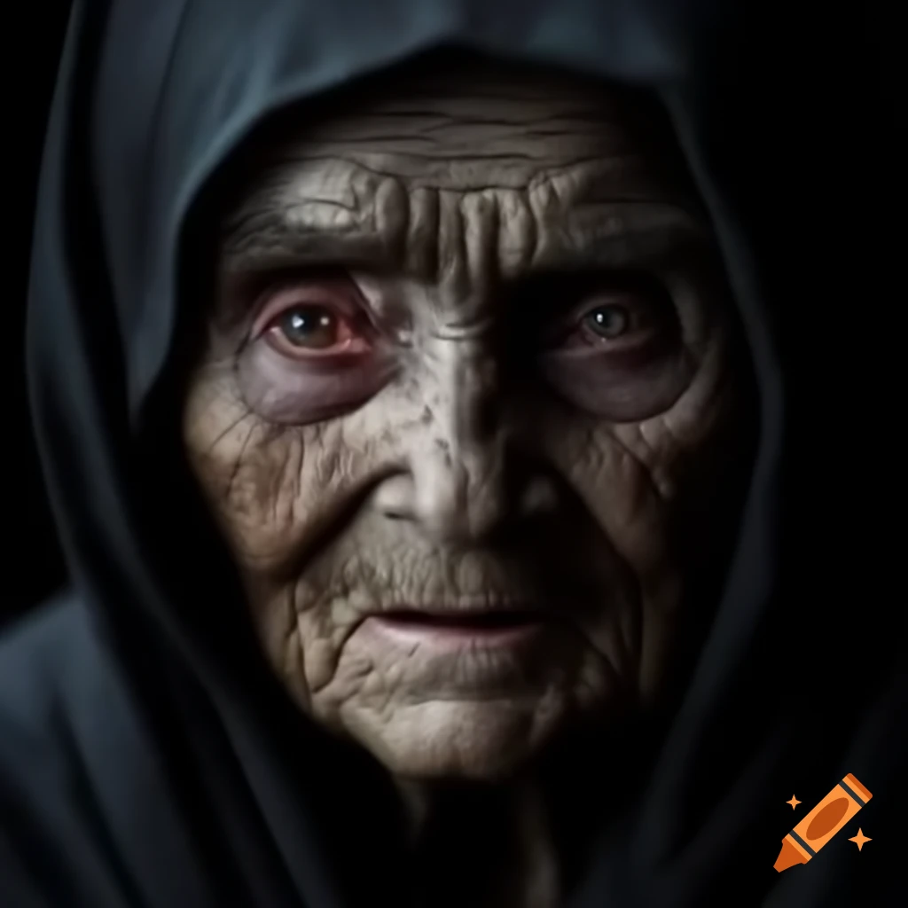 Dark vintage portrait of an old woman with a sinister expression
