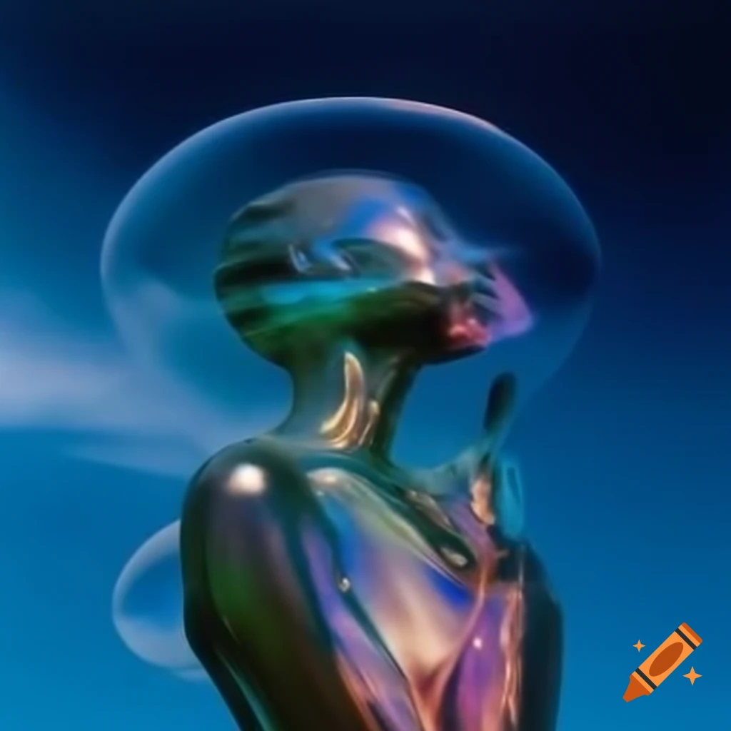 Pop surreal photography featuring iridescent glass statue