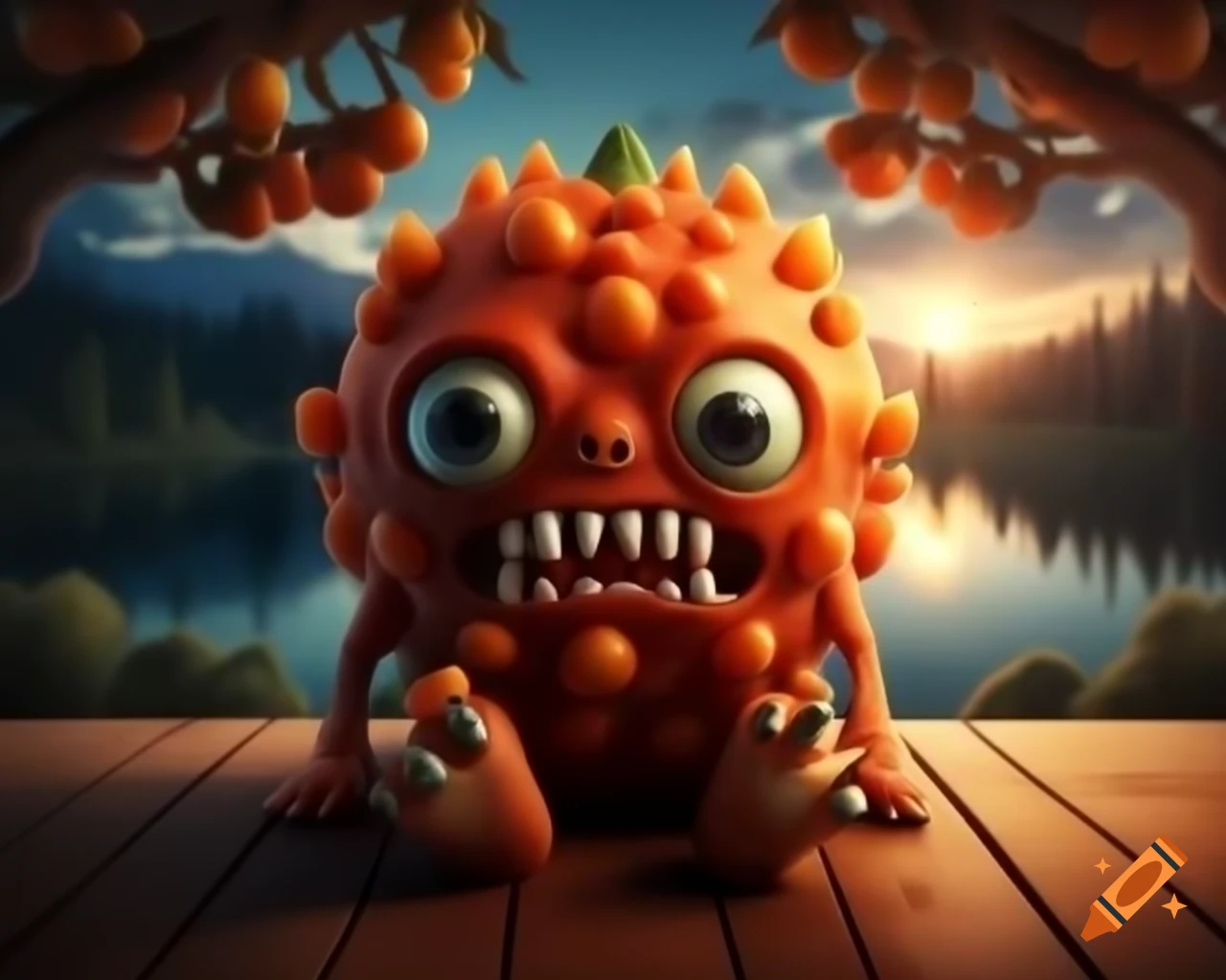 3D orange tree monster with human face on wooden table in forest