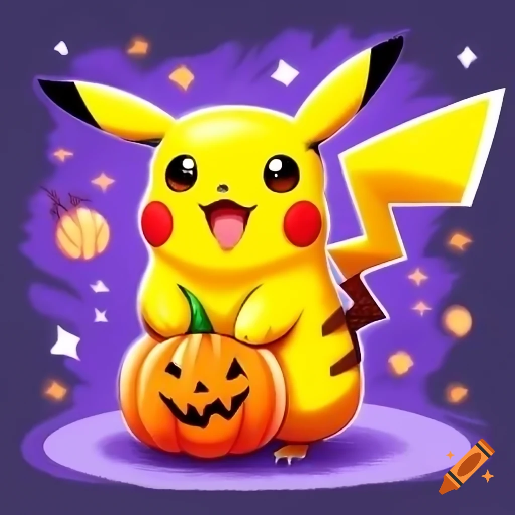 Pikachu celebrating Halloween with a pumpkin