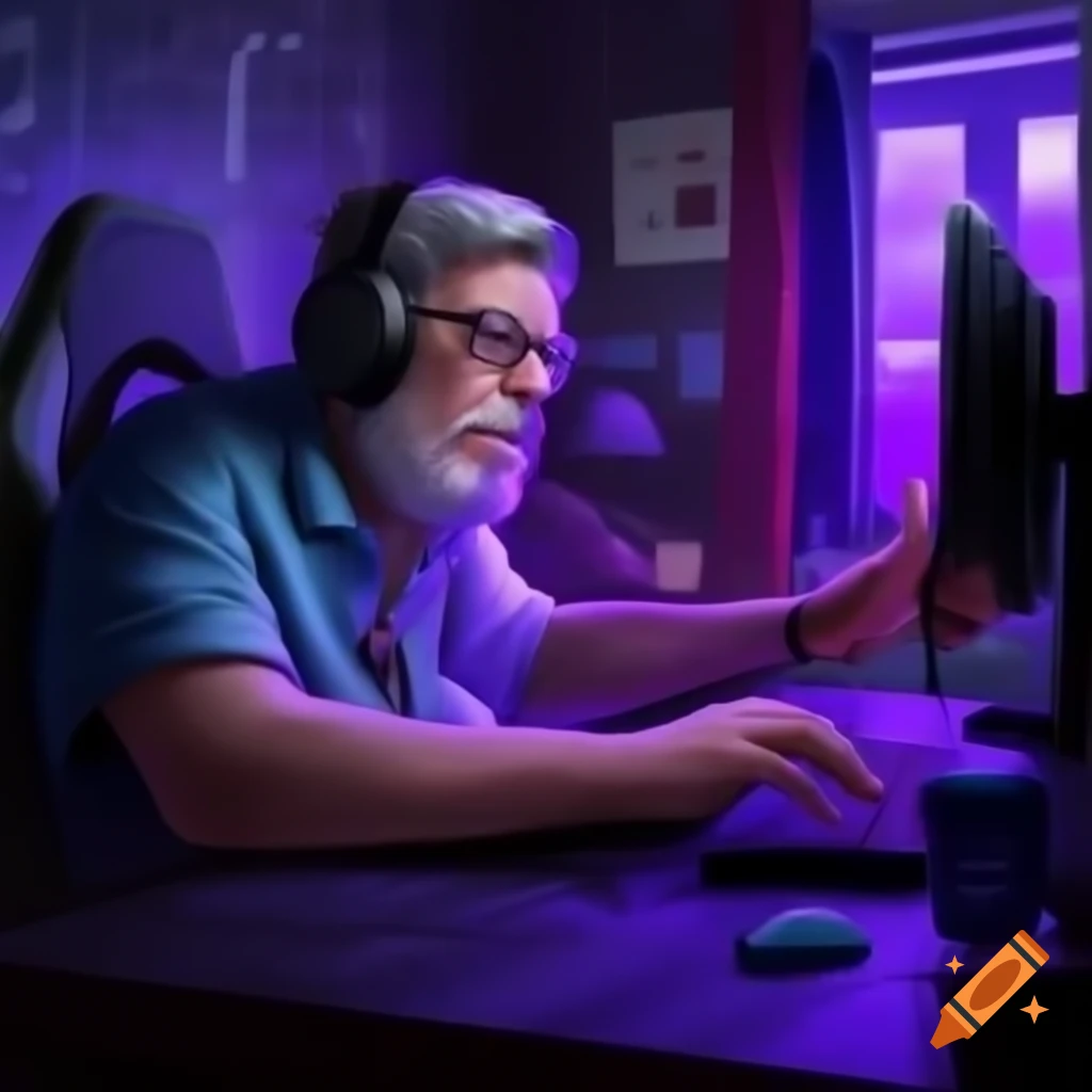 Middle aged man gaming with purple light from window
