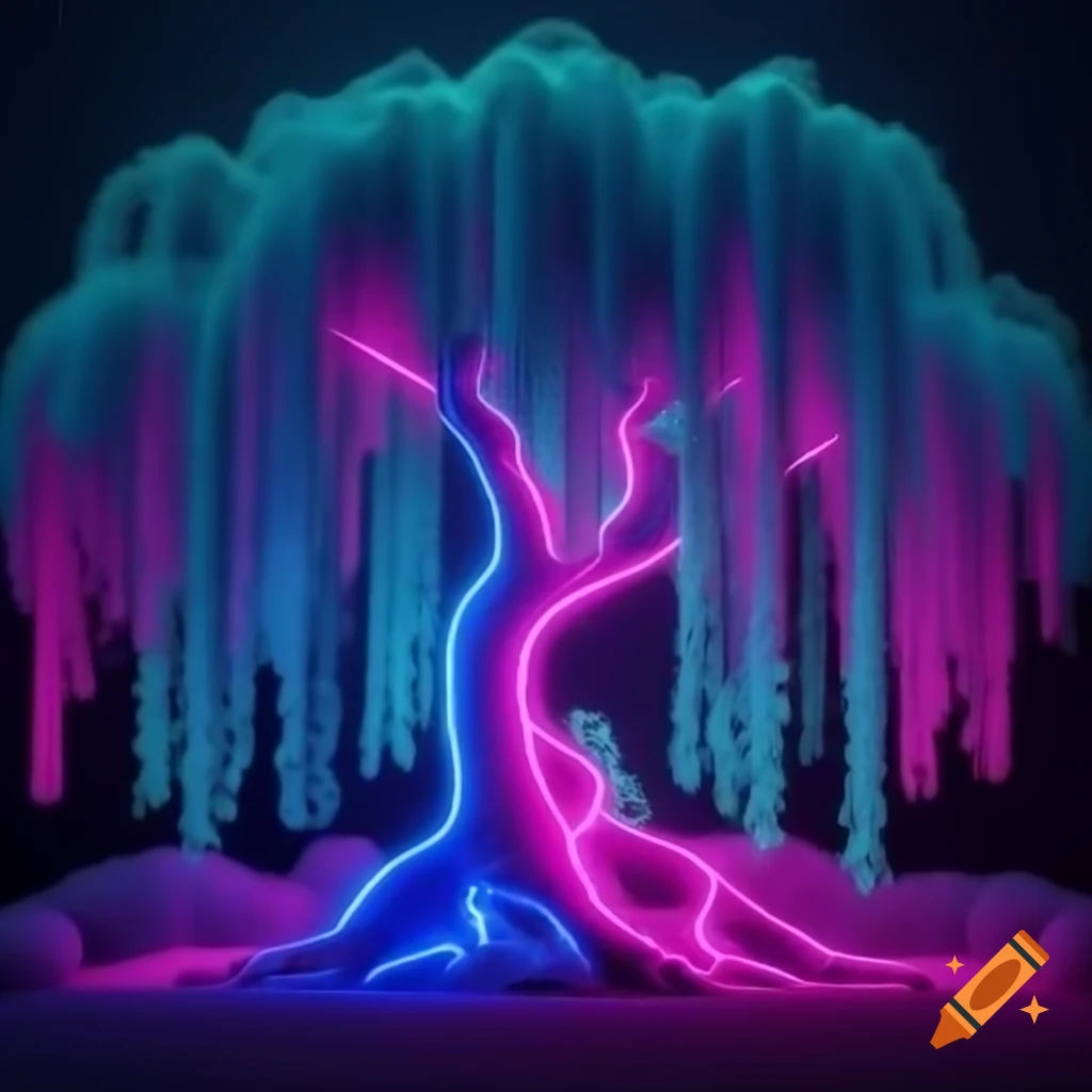 Neon willow tree in blue, green, and pink colors