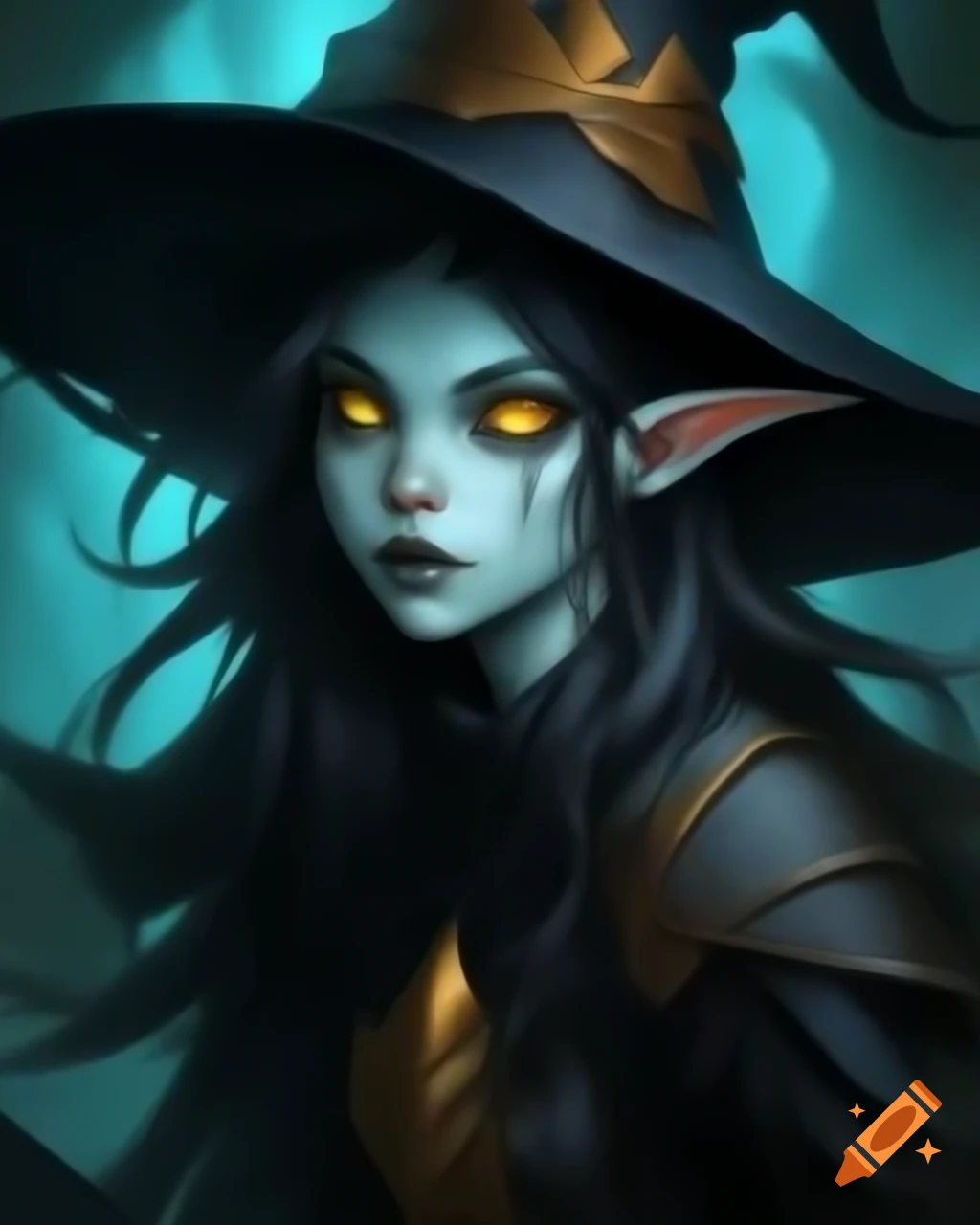 Undead female elf necromancer with dark wizard hat and fire background