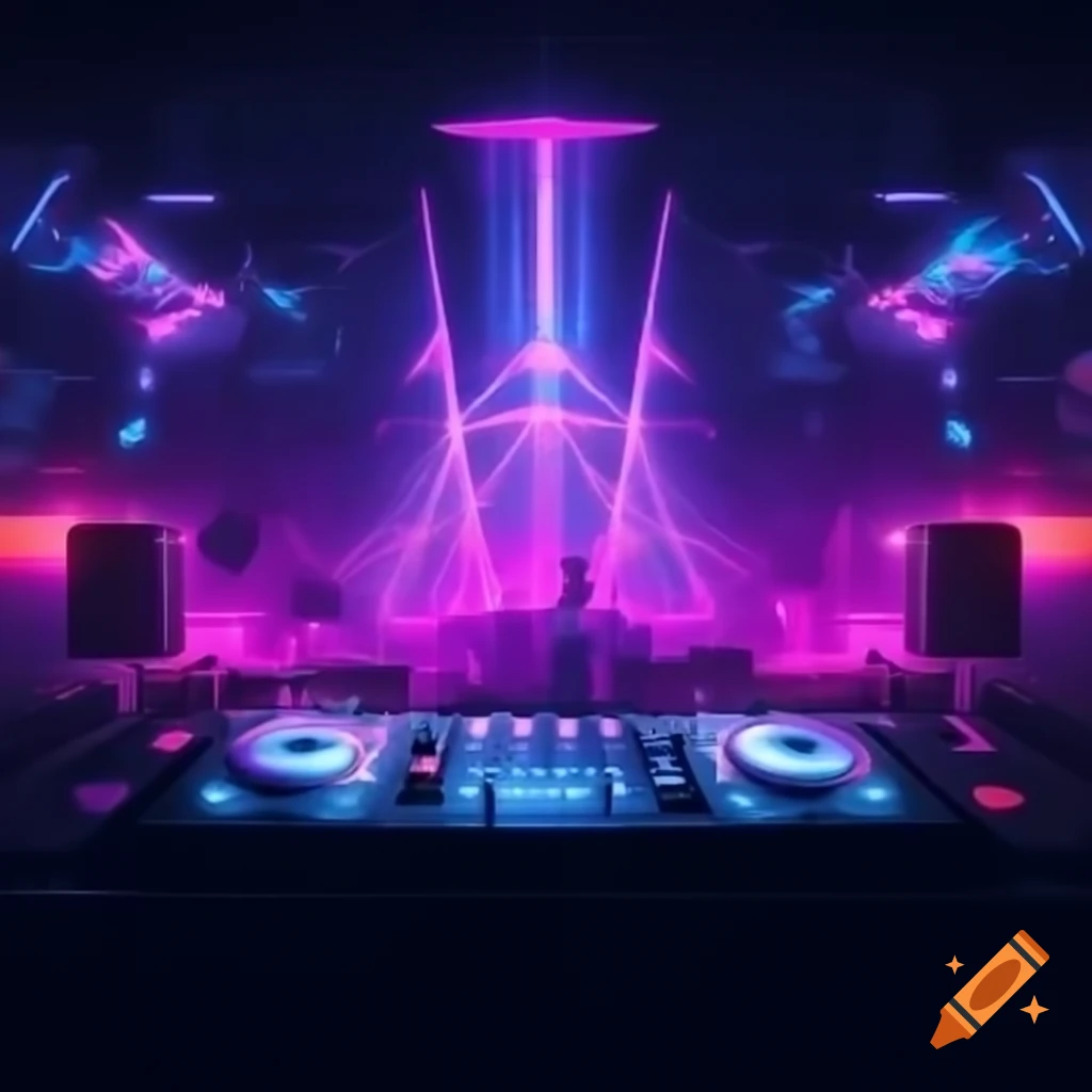 Vibrant DJ party flyer with futuristic neon theme and glowing laser lights