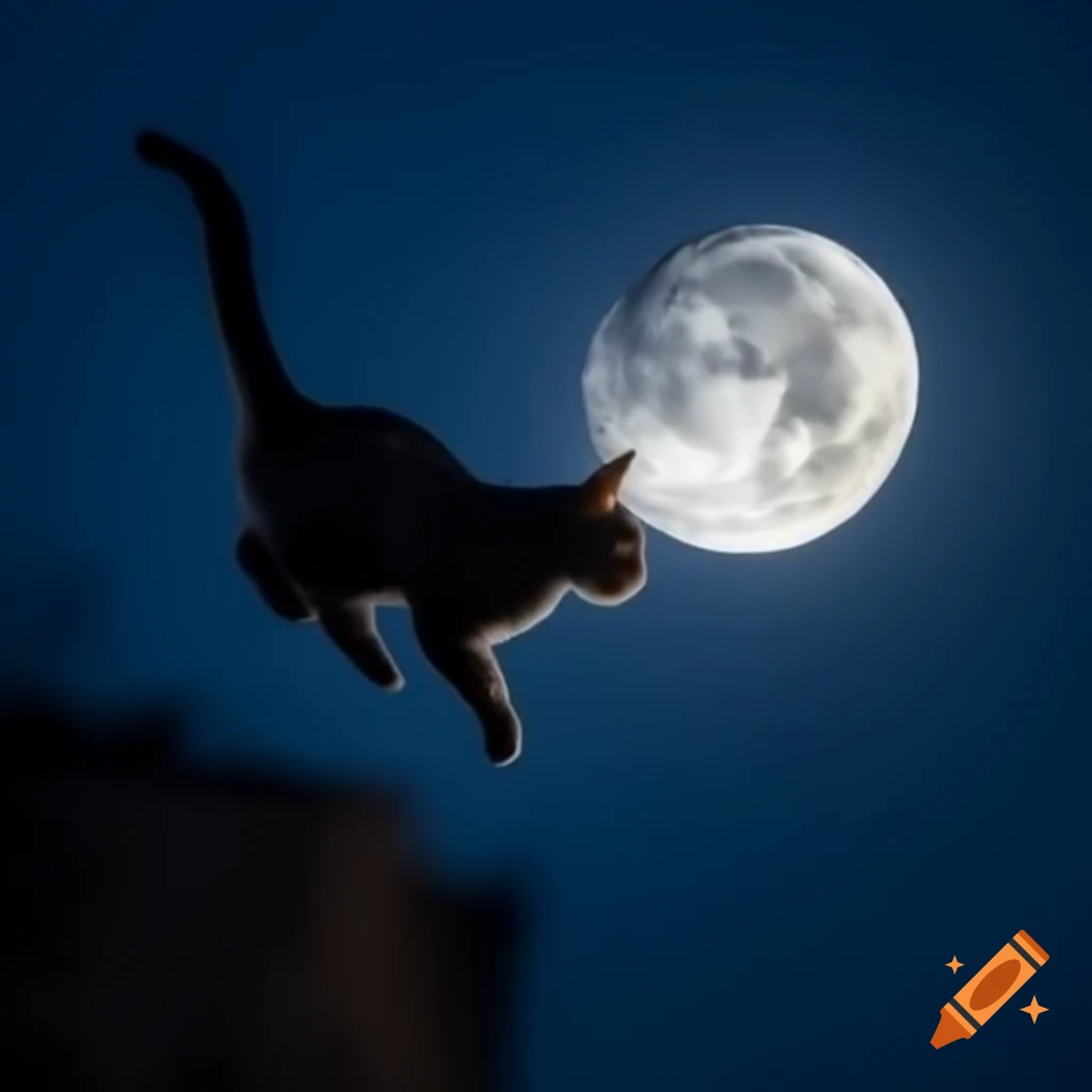 Cat flying past the moon