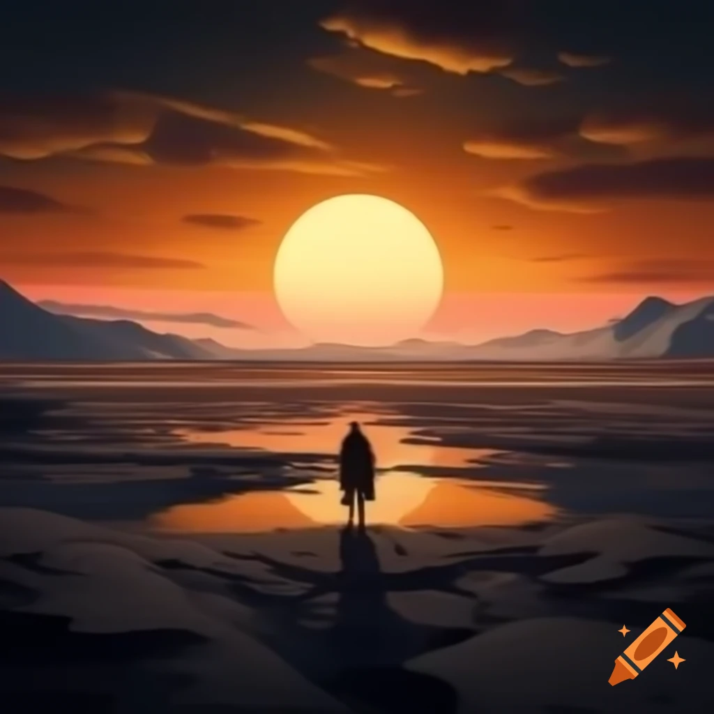 Lone sunset warrior in barren arctic wasteland at dusk with golden and pink sky