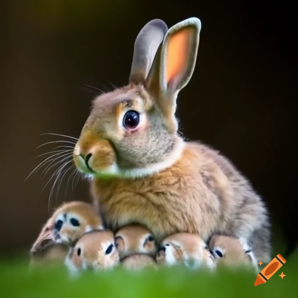 Mother rabbit with her babies