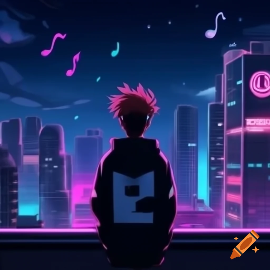 Anime-style young artist on rooftop overlooking neon cityscape at night