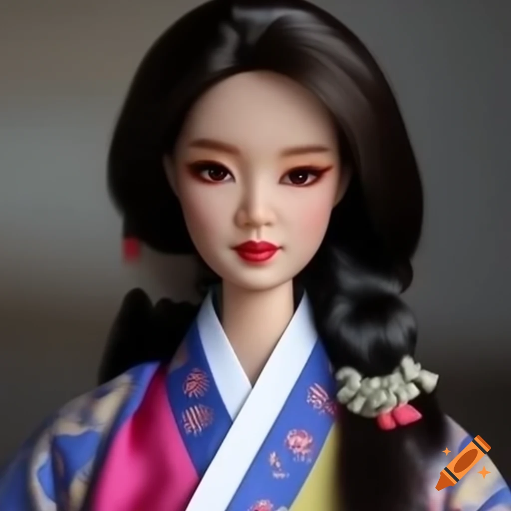 Photo realistic female Barbie doll with Korean features in traditional clothing