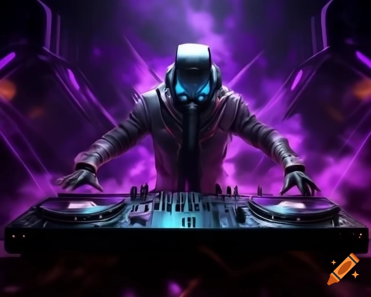 Cybernetic DJ spinning beats in vibrant violet post-apocalyptic metropolis