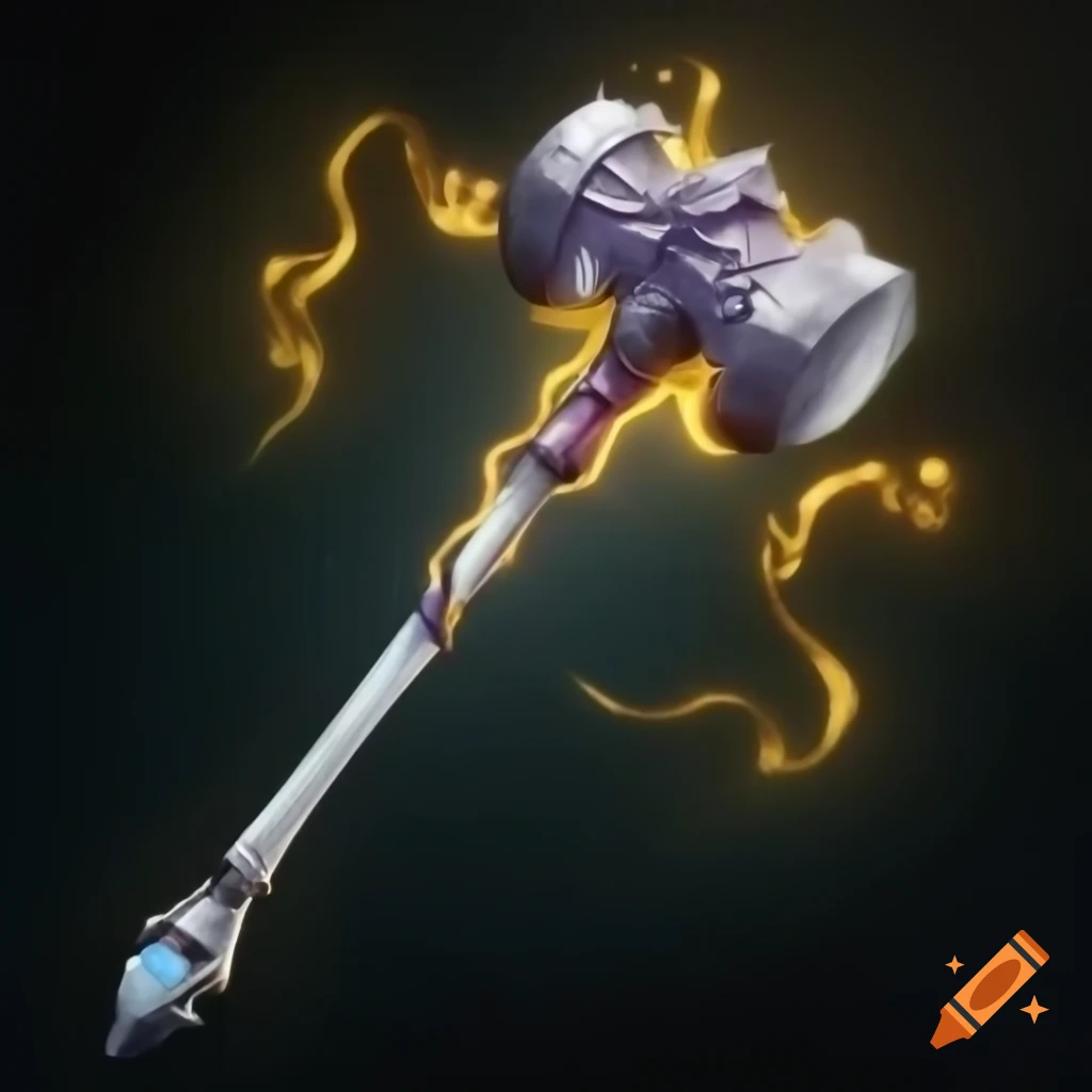 Magical war hammer with white and gold shimmering surface, symbolizing power